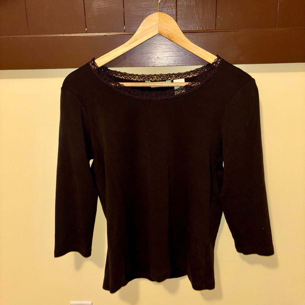 Vintage Laura Ashley Lace Trim Long Sleeve Top – Brown Cottagecore Tee Size M
